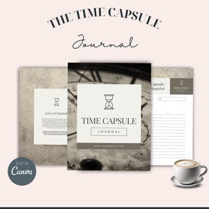 May include: A printable time capsule journal with a vintage clock face background. The journal has a title page with the text "Time Capsule Journal" and a tagline "Let's Get Started".