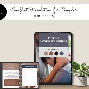 Può includere: Un download digitale di 29 fogli di lavoro stampabili per le coppie da utilizzare per la risoluzione dei conflitti. L'immagine di copertina mostra una coppia che si abbraccia, con una tavolozza di colori marrone, nero e grigio. Il testo "Risoluzione dei conflitti per le coppie" è visualizzato sulla copertina.
