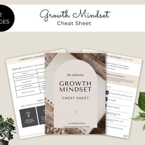 May include: A two-page printable worksheet titled "The Ultimate Growth Mindset Cheat Sheet". The worksheet features a light brown background with a beige arch and a light brown border. The text is in black. The worksheet includes a section titled "Step #2: Be Aware of Your Language" and a section titled "Intelligence and Abilities".
