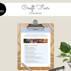 May include: A checklist for craft fair preparation with the title "Craft Fair Checklist" on a blue background. The checklist includes steps for pre-fair planning, inventory preparation, branding and marketing, packaging and display.