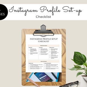 Peut inclure: Une liste de contrôle sur un presse-papiers en bois avec le titre "Instagram Profile Setup Checklist". La liste de contrôle comprend des sections pour les informations du profil, le lien et le contact, et le lien du site Web. La liste de contrôle est un téléchargement instantané.