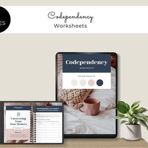 Puede incluir: Una descarga digital de 57 hojas de trabajo sobre la codependencia, con una paleta de colores blanco, rosa y azul. Las hojas de trabajo están diseñadas para ayudar a las personas a descubrir sus verdaderos deseos y a distinguirlos de las expectativas de los demás.