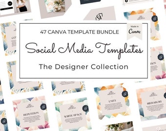May include: A collection of 47 social media templates for Canva, featuring a variety of designs with watercolour backgrounds and text overlays. The templates are organised into categories such as "The Design Principles" and "Graphic Design".