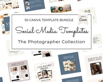May include: A collection of 50 social media templates for photographers, designed in Canva. The templates feature a variety of designs, including floral patterns, camera icons, and text overlays. The templates are ideal for promoting your photography business, sharing your work, and connecting with your audience.