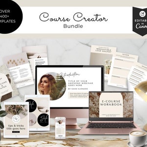 Puede incluir: Un paquete de productos digitales para creadores de cursos, con más de 400 plantillas para crear cursos en línea. El paquete incluye plantillas para páginas de bienvenida, imanes de clientes potenciales, cuadernos de trabajo de cursos en línea y mucho más. Las plantillas son editables en Canva.