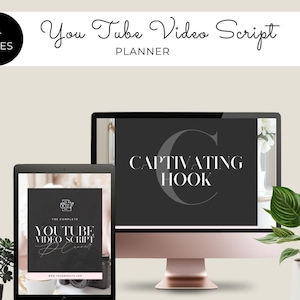 Könnte beinhalten: Ein digitales Produkt-Mockup mit einem Computerbildschirm und einem Tablet, auf denen ein digitales Produkt mit dem Titel "The Complete YouTube Video Script Planner" angezeigt wird. Der Bildschirm zeigt den Text "Captivating Hook" in einer großen, stilisierten Schriftart. Der Text "Sofort-Download" wird unter den Bildschirmen angezeigt.
