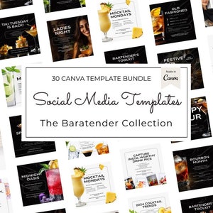 Bartender Social Media Templates | 30 Modern Editable Canva Designs | Cocktail Bar, Wine Bar/Pub Content for Instagram & Facebook