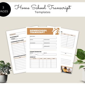 Könnte beinhalten: Eine druckbare Homeschool-Transkriptvorlage mit drei Seiten. Die Vorlage enthält Abschnitte für Schülerinformationen, akademische Informationen, standardisierte Testergebnisse, außerschulische Aktivitäten und eine Kursliste.