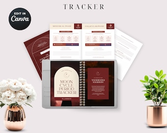 Moon Cycle Period Tracker | 37-Page EDITABLE & Printable Menstrual Journal for Cycle Syncing Moon Phases PDF + Canva Template
