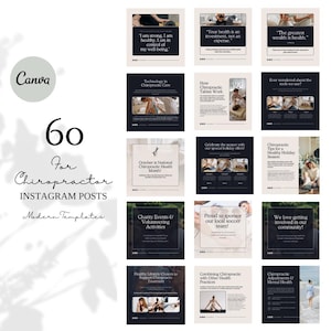Peut inclure: Un ensemble de 60 modèles de publications Instagram modernes conçus pour les chiropraticiens. Les modèles présentent une variété de designs et de couleurs, notamment le noir, le blanc et le beige. Le texte sur les modèles comprend des phrases telles que "Je suis fort, je suis en bonne santé, je contrôle mon bien-être." et "Votre santé est un investissement, pas une dépense."