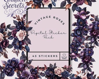 Vintage Rose Floral Stickers, Digital Planner Pack (PNG, Goodnotes)