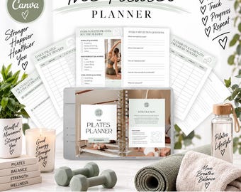 May include: A Pilates planner template set featuring a spiral-bound book, daily workout trackers, reflection sheets, and progress logs. The design includes text like The Pilates Planner, Stronger Happier Healthier You, and Plan Move Track Progress Repeat.