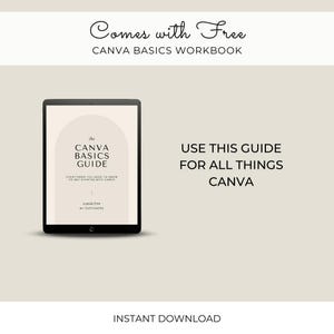 Pode incluir: Um download digital de um Guia B&aacute;sico Canva, um caderno de exerc&iacute;cios com dicas e truques para usar a plataforma de design Canva. O guia &eacute; ilustrado com um design simples e moderno com um arco marrom claro.