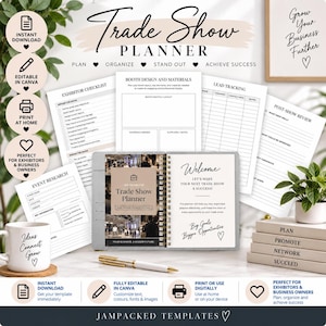 May include: A trade show planner template set featuring a spiral-bound notebook with a welcome page, exhibitor checklists, booth design layouts, lead tracking sheets, and event research forms. Includes a white mug with text and a gold pen.