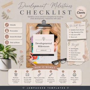 May include: A digital development milestones checklist template for Canva. The layout includes a wooden clipboard, a plant, glasses, and text sections detailing how it works, benefits, and features like editable, personalize, and instant download.