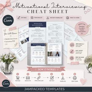 May include: A digital Motivational Interviewing cheat sheet template set featuring editable Canva documents, instructional PDFs, and a step-by-step guide. The layout includes text-heavy pages, icons, and a spiral-bound planner mockup.