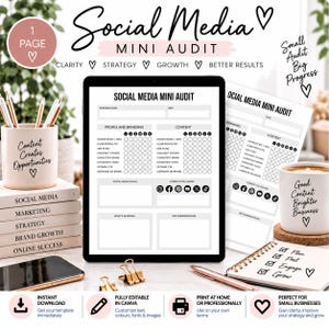 May include: A digital tablet displaying a Social Media Mini Audit template, accompanied by a printed version, a pen, gold binder clips, and two mugs labeled Content Creates Opportunities and Good Content Brighter Business, alongside a notepad.