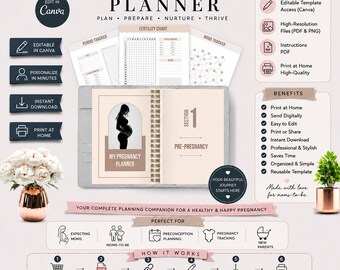 Pregnancy Planner Printable: Editable Maternity Journal, Baby Checklist (PDF)