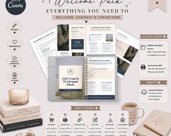 Puede incluir: Un conjunto de plantillas digitales Life Coach Welcome Pack que incluye documentos editables, un folleto de espiral, tres libros apilados, una vela, una taza con el texto Focus Today Grow, un cuaderno, un bolígrafo y una guía de seis pasos.