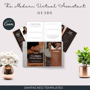May include: A guide titled "The Modern Virtual Assistant" with a brown and white cover, surrounded by informational pamphlets. The image includes the text "EDIT IN Canva" and "JAMPACKED TEMPLATES". A vase of white flowers and a potted plant are also present.