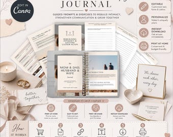 May include: A Marriage Therapy Journal template set featuring guided prompts, exercises, and instructional pages. The design includes a spiral-bound journal, cards, and informational sheets with text about rebuilding intimacy, communication, and connection.