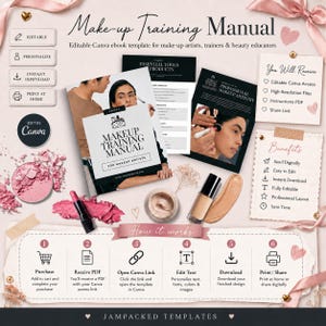 Puede incluir: Una plantilla digital de manual de formación en maquillaje con una portada que muestra a una persona maquillándose, diseños de páginas interiores y una sección explicativa. Incluye iconos, cintas rosas y muestras de maquillaje.