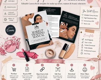 May include: A digital makeup training manual template featuring a cover with a person applying makeup, interior page layouts, and a how-it-works section. Includes icons for editing, downloading, and printing, alongside pink ribbons and makeup swatches.