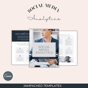 May include: An image promoting social media analytics templates. The central image shows a man in a blue blazer holding a document with the text "SOCIAL MEDIA ANALYTICS". Other documents with charts and graphs are also visible. The Canva logo is in the bottom left.