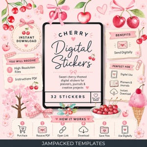 May include: A digital sticker set featuring cherry illustrations, pink bows, and blossoms on a light pink background. The central text reads Cherry Digital Stickers, 32 Stickers, and includes sections for benefits, instructions, and a how it works guide.