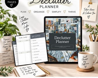 May include: A 17-page digital declutter planner set featuring a tablet displaying the cover, an open notebook with checklists, and a spiral-bound notepad with the text Clear Space, Clear Mind, Brighter Days, A Happier You, alongside a white mug.