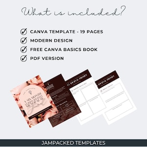 May include: A digital journal template set featuring a cover with pink floral imagery and the text 'A SIX MONTH GUIDED JOURNEY MENOPAUSE JOURNAL'. Includes 19 Canva pages, a PDF version, and a Canva basics book. The interior pages show journal prompts.