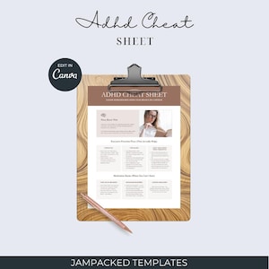 May include: ADHD Cheat Sheet on a wooden clipboard. The document includes sections on executive function and motivation hacks. A rose gold pen rests on the clipboard. The text "Edit in Canva" is in a circle in the upper left corner.
