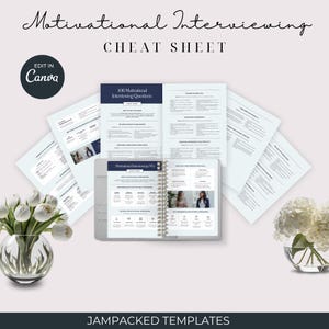 May include: A motivational interviewing cheat sheet with 100 motivational interviewing questions. The cheat sheet is printed on white paper and is organised into sections with headings and bullet points. The cheat sheet is part of a larger binder with a silver ring binding.