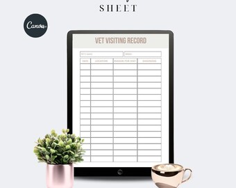 Hoja de registro de visitas veterinarias imprimible, rastreador de salud de mascotas, plantilla editable de Canva, hoja de registro veterinario para mascotas, organizador de citas médicas