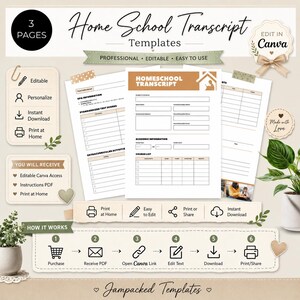 May include: A set of three printable homeschool transcript templates featuring a tan and white colour scheme. The documents include sections for student information, academic records, and course lists, with icons for editing, printing, and downloading.