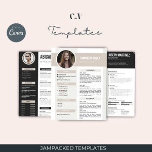 May include: Three resume templates with a modern design. The templates feature sections for contact information, work experience, education, and skills. The text "C.V Templates" and "JAMPACKED TEMPLATES" are visible. The templates are in black, white, and beige.