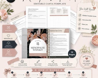 May include: A Menopause Toolkit editable Canva template set featuring 15 pages of documents, including a Menopause Stage Overview, pattern insight sheets, and tracking sections. The design includes floral accents, text labels, and a step-by-step guide.