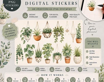 Plant Digital Planner Stickers, Botanical Potted Plants, Greenery PNG Files (Digital Download)