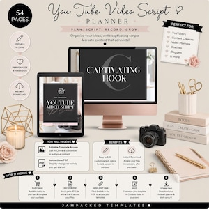 Könnte beinhalten: Ein digitales YouTube Video Script Planer Vorlagen-Set mit 54 Seiten, bearbeitbar in Canva. Die Anzeige zeigt einen Computermonitor und ein Tablet mit Texten wie Captivating Hook und YouTube Video Script, neben einer Kamera, einem Notizbuch und Stiften.