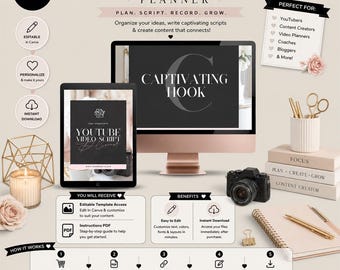 May include: A digital YouTube Video Script Planner template set featuring 54 pages, editable in Canva. The display shows a computer monitor and tablet with text including Captivating Hook and YouTube Video Script, alongside a camera, notebook, and pens.