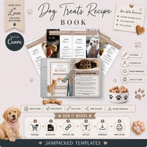 May include: A digital dog treats recipe book template set featuring a spiral-bound cover, multiple recipe pages with ingredient lists and instructions, a bowl with paw print designs, and a golden retriever puppy. Includes text labels for editing.