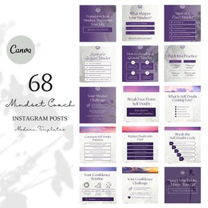 Puede incluir: Un conjunto de 68 plantillas de publicaciones de Instagram para entrenadores de mentalidad. Las plantillas presentan un esquema de color morado y blanco con citas y gráficos motivacionales. El texto incluye frases como "Transforma tu mentalidad", "Libérate de la duda propia" y "Domina tus hábitos, domina tu vida".
