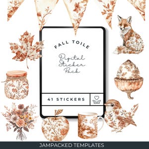 May include: A digital sticker pack with a fall theme. The image features a tablet with the text "Fall Toile Digital Sticker Pack" and various fall-themed illustrations, including a fox, bird, and apple. The pack contains 41 stickers.