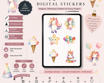 May include: A digital sticker set featuring watercolor illustrations of unicorns, stars, balloons, and ice cream cones. The display includes text labels like Unicorn Digital Stickers, Instant Download, and instructions on how to use the files.