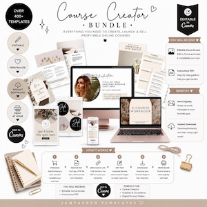 May include: A digital course creator bundle featuring editable Canva templates displayed on a computer monitor, laptop, tablet, and smartphone. The set includes various document layouts, instructional text, and icons in a neutral beige colour palette.