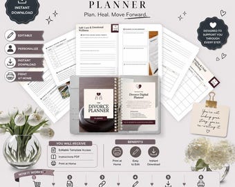 May include: A digital planner titled Divorce Digital Planner with pages for self-care, emotional wellness, and parenting planning. The layout includes text, icons, and instructional steps for editing and printing. Two glass vases with white flowers are visible.
