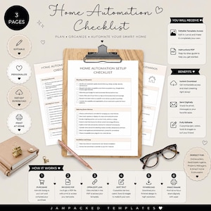 May include: A digital home automation checklist template displayed on a wooden clipboard with a rose gold pen and tortoiseshell glasses. The document includes sections for planning, research, and setup, alongside icons for editing, printing, and instant download.