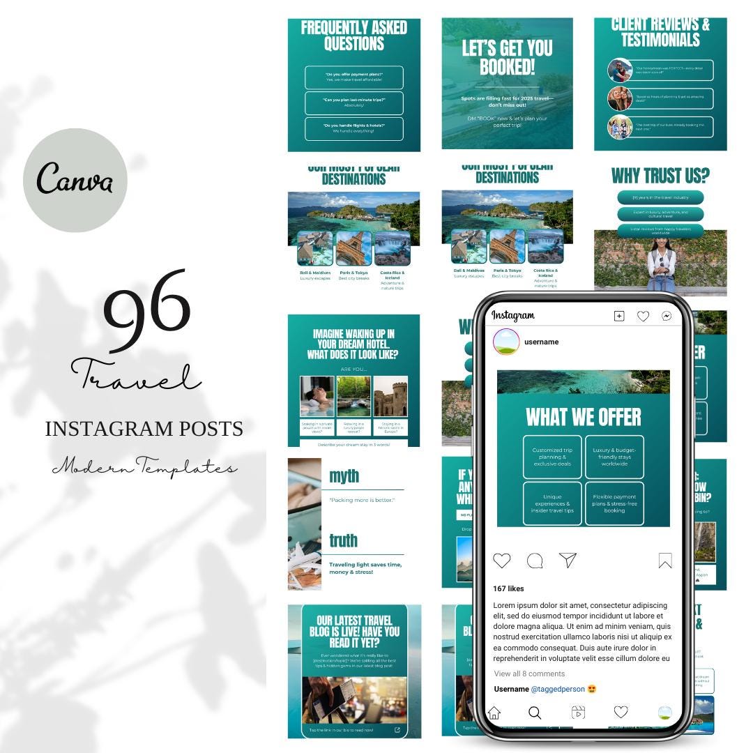 Travel Social Media Templates | 96 Canva Posts for Travel Agents ...