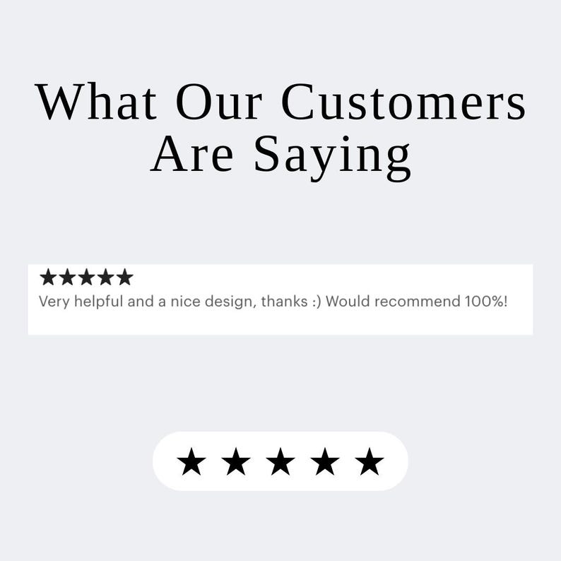 May include: A customer review graphic featuring the black text What Our Customers Are Saying at the top. Below, a five-star rating is displayed with the text Very helpful and a nice design, thanks :) Would recommend 100%! A second five-star rating appears below.