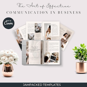 May include: A spiral-bound notebook titled "The Art of Effective Communication in Business" is open to display interior pages. The image includes a vase of white flowers, a potted plant, and the text "Edit in Canva" and "Jampacked Templates".